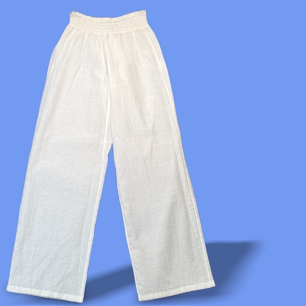 Cotton Gauze Wide Leg White Pants Crinkle Coastal Beach - Picture 2 of 9